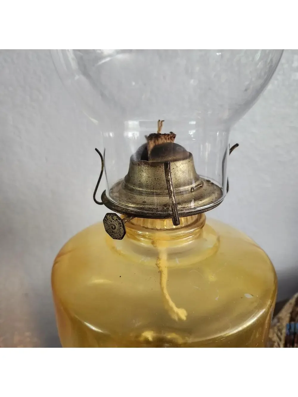 Large Vintage Amber Glass Hurricane Oil Lamp Scroll Design Wheat Print Globe